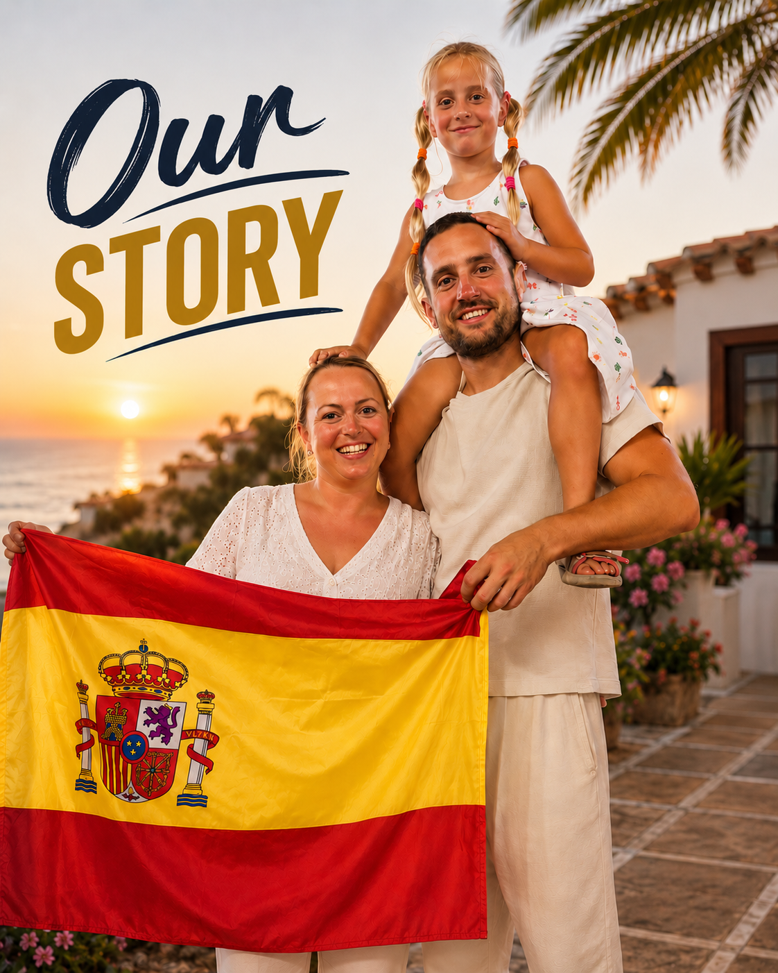The REALMAX family on the Spanish coast, with Our Story lettering